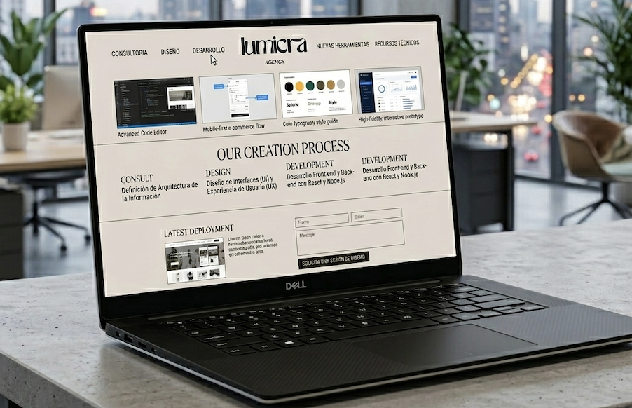 ordenador donde se ve la creación de pagina web para clientes y marcas y servicios