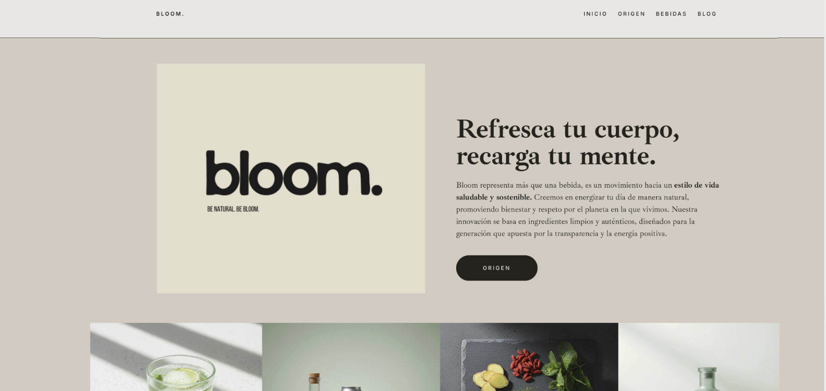 captura de pantalla de pagina web bloom, productos de bebida, ejemplo