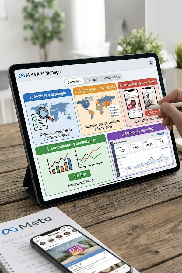 tablet que enseña los pasos de meta, como creamos los anuncios para marcas y clientes